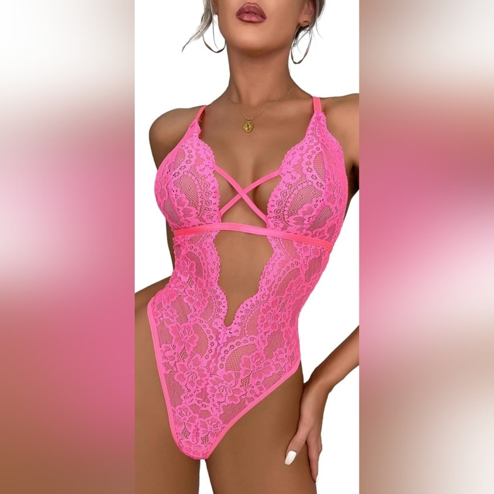 Barbie Pink Floral Lace Cross Casual Lace Sheer Coauette Teddy Bodysuit Lingerie